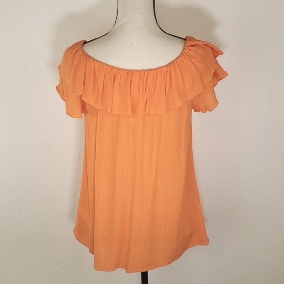 *NWT* MICHAEL MICHAEL KORS Orange (Peach) Ruffle Top w/Gold Threading, size S - Picture 2 of 6